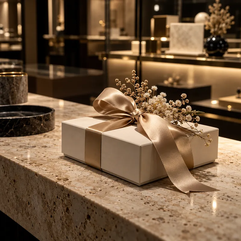 A boutique counter, a gift being wrapped