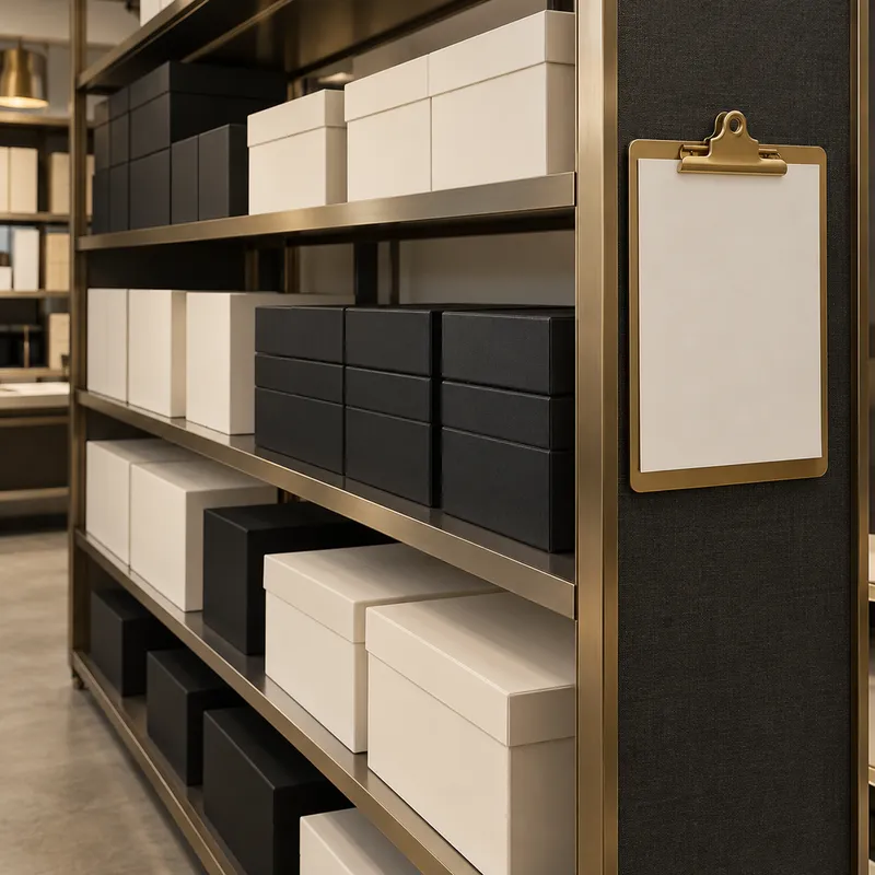 A neatly organised stockroom shelf