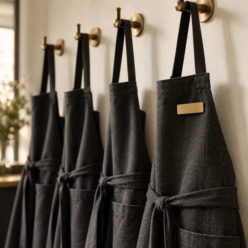 Staff aprons hanging in a boutique back room