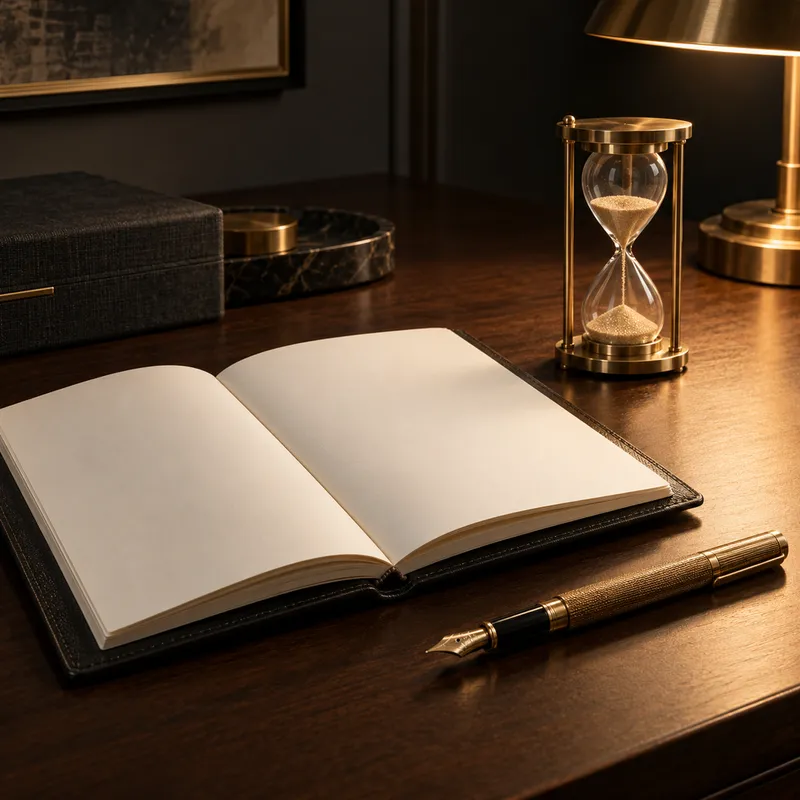 A notebook, pen and hourglass on a desk