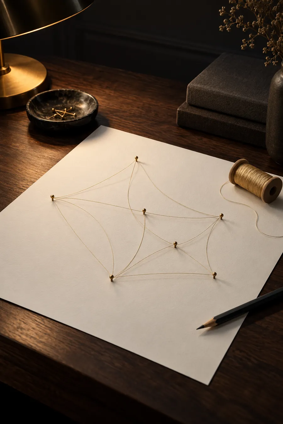 A champagne thread looped between brass pins on paper