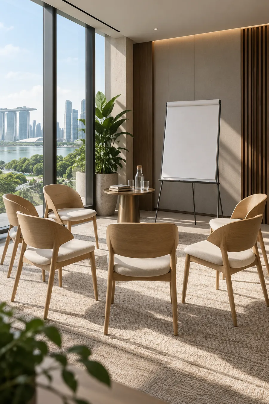 An empty workshop room with chairs facing a flip chart